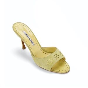 Manolo Blahnik Green Floral Eyelet Laser Cut Suede Heels